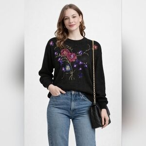 Vtg 80s Exclusive Imports Sequin Floral Sweater Black Ramie Cotton Dolman Sz S